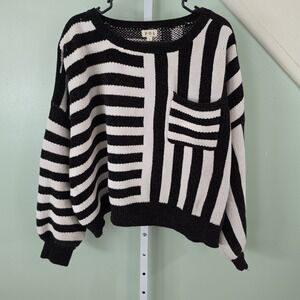 Pol Women's Knit Stripe Oversized Crop Sweater Black White Balloon Sleeve Large